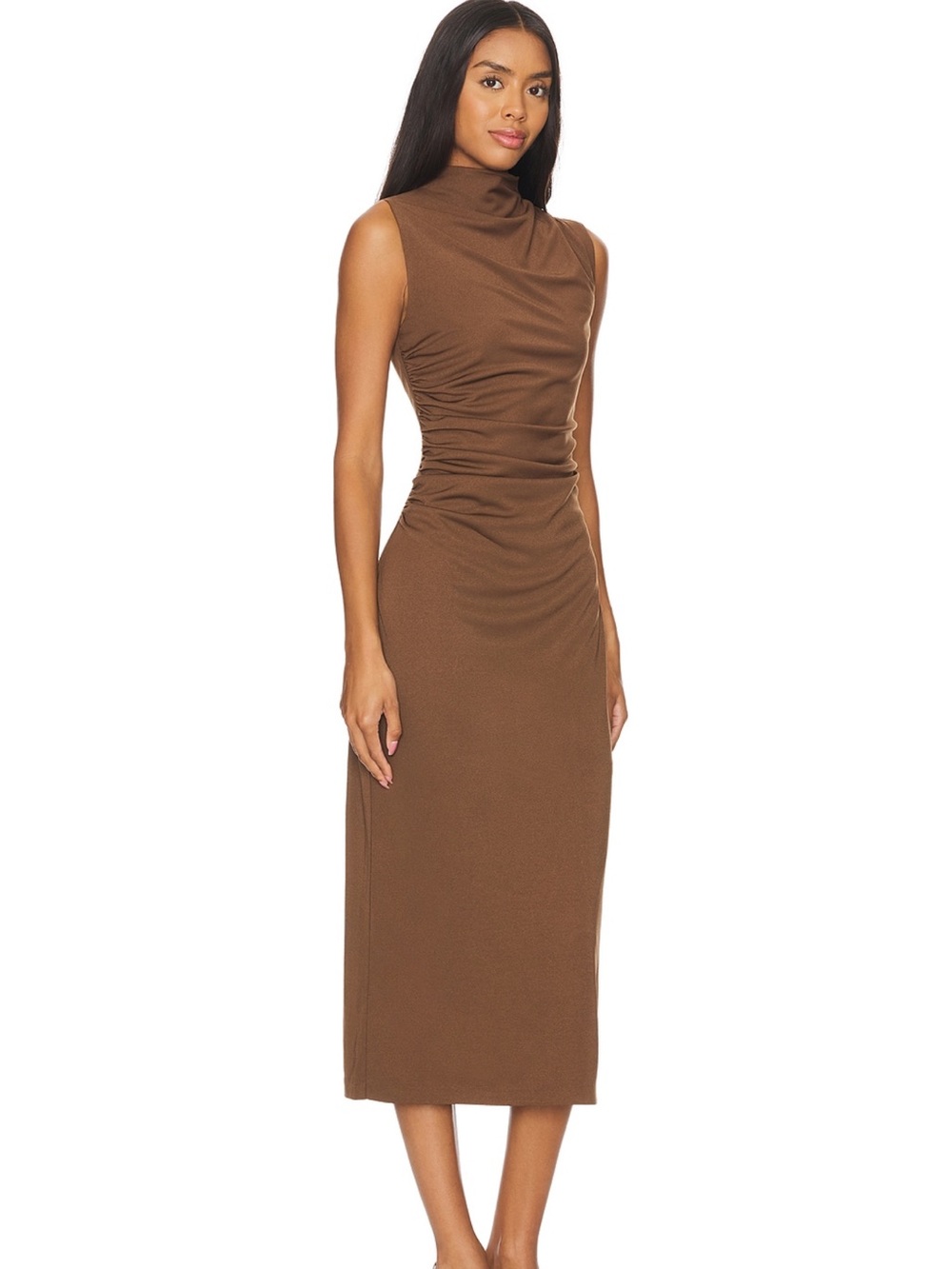 Brown Mock Neck Ruched Midi Dress